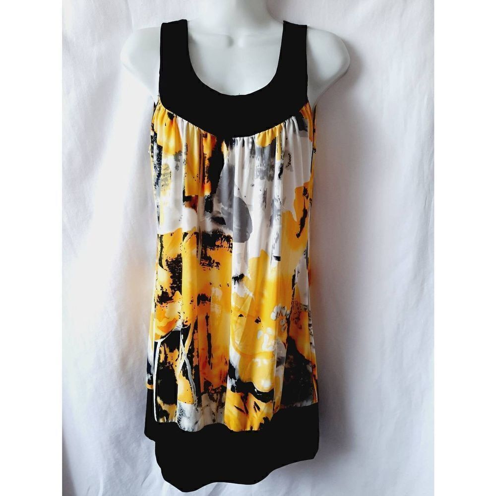 Discreet yellow black floral sz large sleeveless blouse made in USA